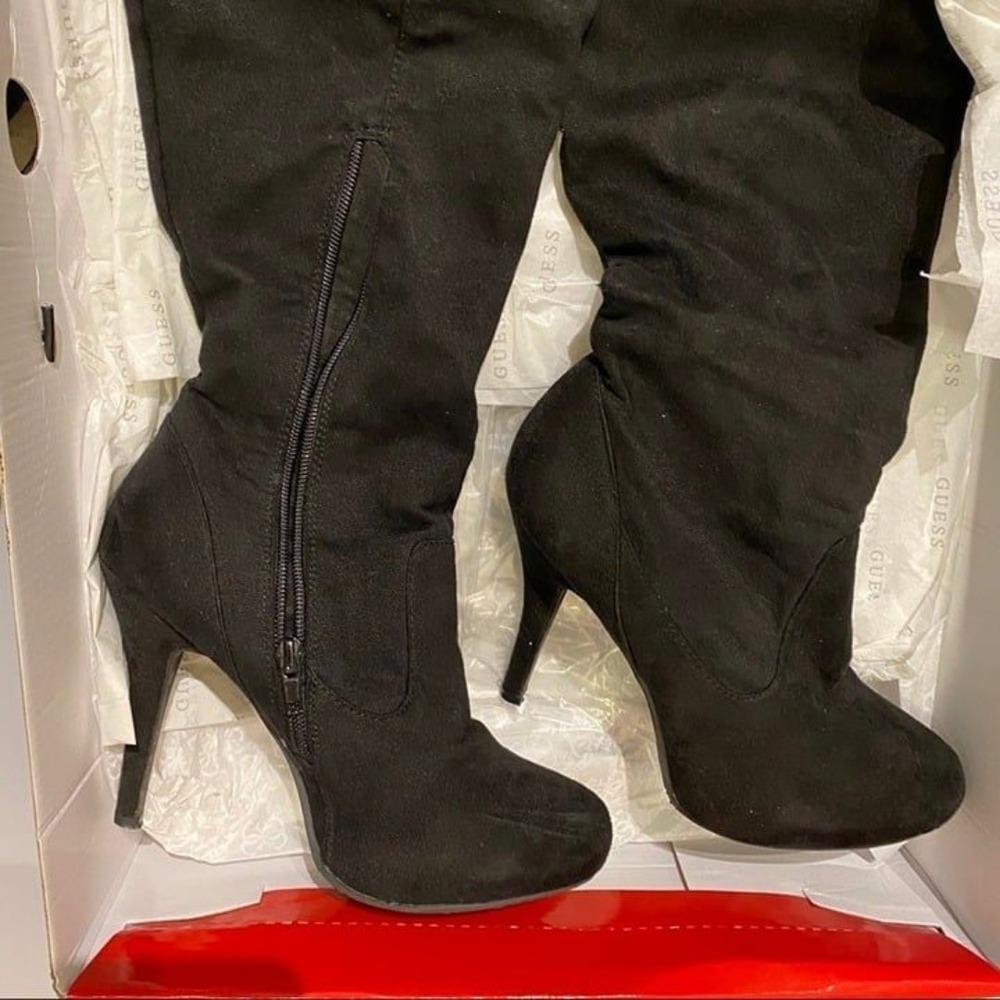 Bamboo Thigh High Boots Suede Booties Tie Black 7